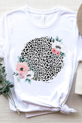 White Floral Leopard Print Casual Short Sleeve T Shirt