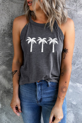 Gray Tropical Plant Print Round Neck Graphic Tank Top
