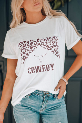 White COWEOY Leopard Graphic Print Crew Neck T Shirt