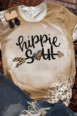 Khaki Hippie Soul Leopard Heart Print Crew Neck T Shirt
