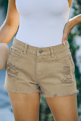 Khaki Distressed Tasseled Denim Shorts