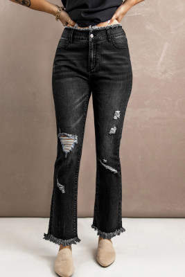 Black Frayed Ripped High Waist Flare Jeans