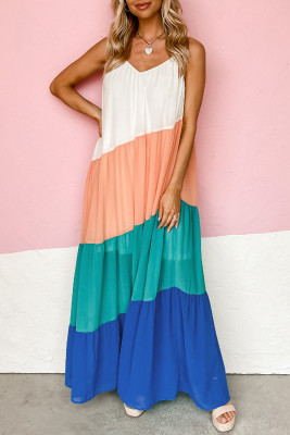 White Sleeveless Color Block Tiered Maxi Dress