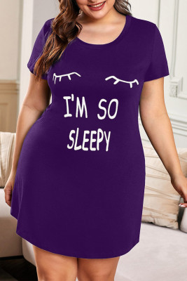 Purple Plus size LET ME SLEEP Graphic Print Black Nightwear Mini Dress