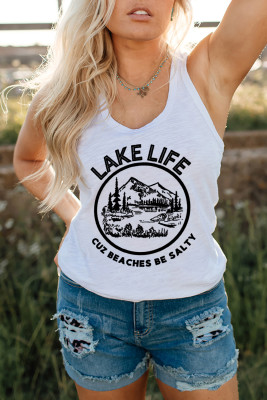 White LAKE LIFE Letter Graphic Print Racerback Tank Top