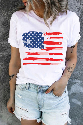 Casual American Flag Print Color Block White Graphic Tee