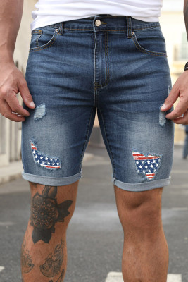 Blue American Flag Patchwork Muscle Fit Men's Denim Shorts