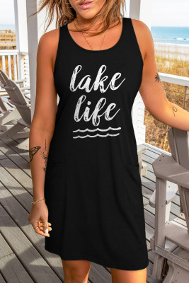 Black Lake Life Graphic Print Pocketed Sleeveless Mini Dress
