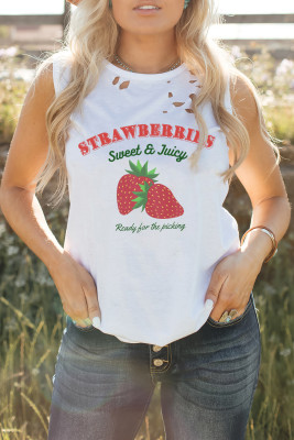 White Sweet Strawberries Distressed Tank Top
