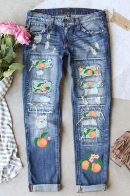 Sky Blue Peach and Flowers Print Distressed Boyfriend Jeans