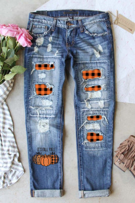 Sky Blue Fall Pumpkin Print Plaid Patches Distressed Jeans