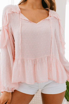 Розовая текстурная блуза с пышными рукавами и баской в ​​горошек с рюшами