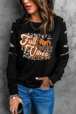 Black Fall Vibes Pumpkin Graphic Leopard Cutout Sleeve Sweatshirt