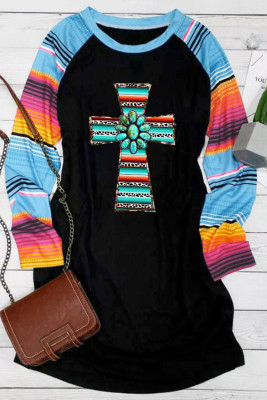 Black Turquoise Cross Graphic Serape Raglan Sleeve Shirt Dress