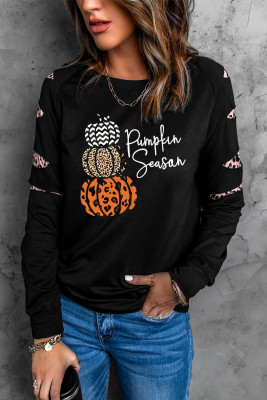 Black Pumpkin Season Graphic Leopard Cutout Sleeve Sweatshirt