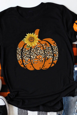 Svart Leopard pumpa solros grafisk Thanksgiving T-shirt