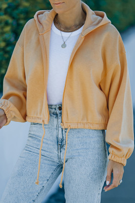 Yellow Zip Closure Drawstring Cinched Cropped Hoodie