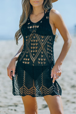 Black Geometric Patterned Knit Boho Style Beach Cover Up
