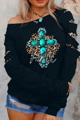 Black Faith Turquoise Graphic Leopard Cutout Sleeve Sweatshirt