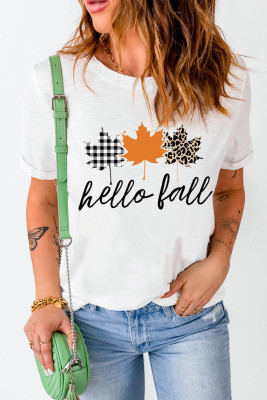 White Hello Fall Mapel Leaves Graphic Short Sleeve Tee