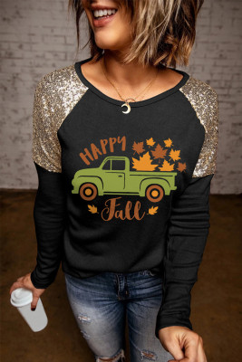 Black Happy Fall Truck Graphic Sequin Splice Pullover