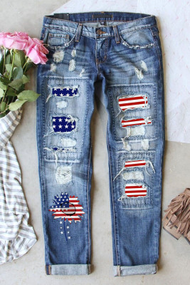 Sky Blue Sunflower Graphic Stars and Stripes Patched Jeans
