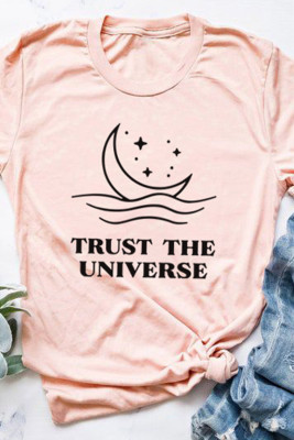 Pink Trust The Universe Moon Boat Star Print T Shirt