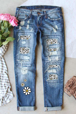 Sky Blue Daisy Print Patched Distressed Jeans
