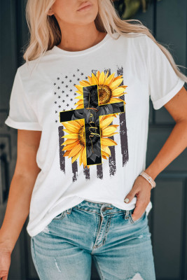 White Sunflower Flag Faith Cross Graphic T Shirt