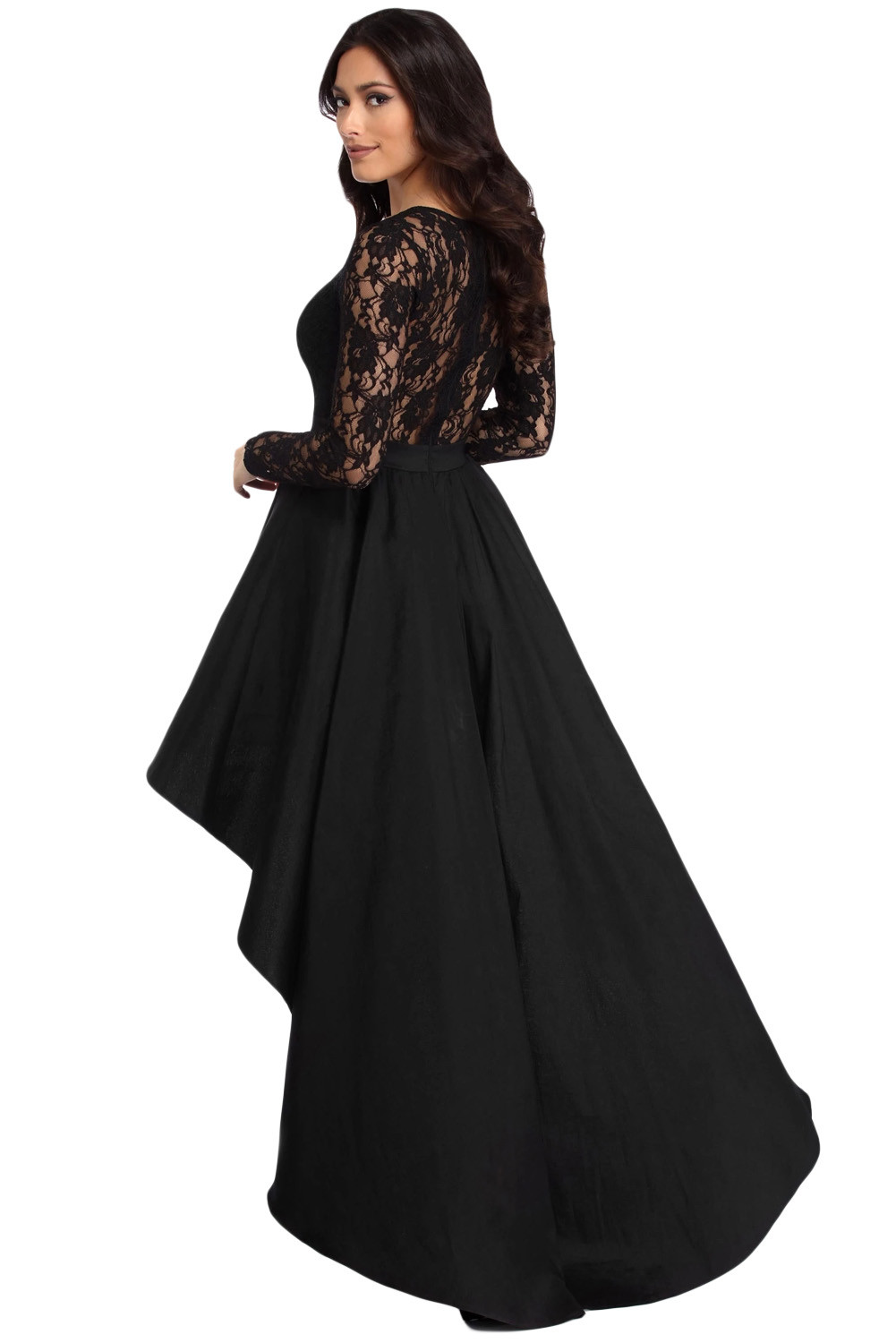 黑色长袖蕾丝拼接后背镂空高腰前短后长连衣裙 LC61910