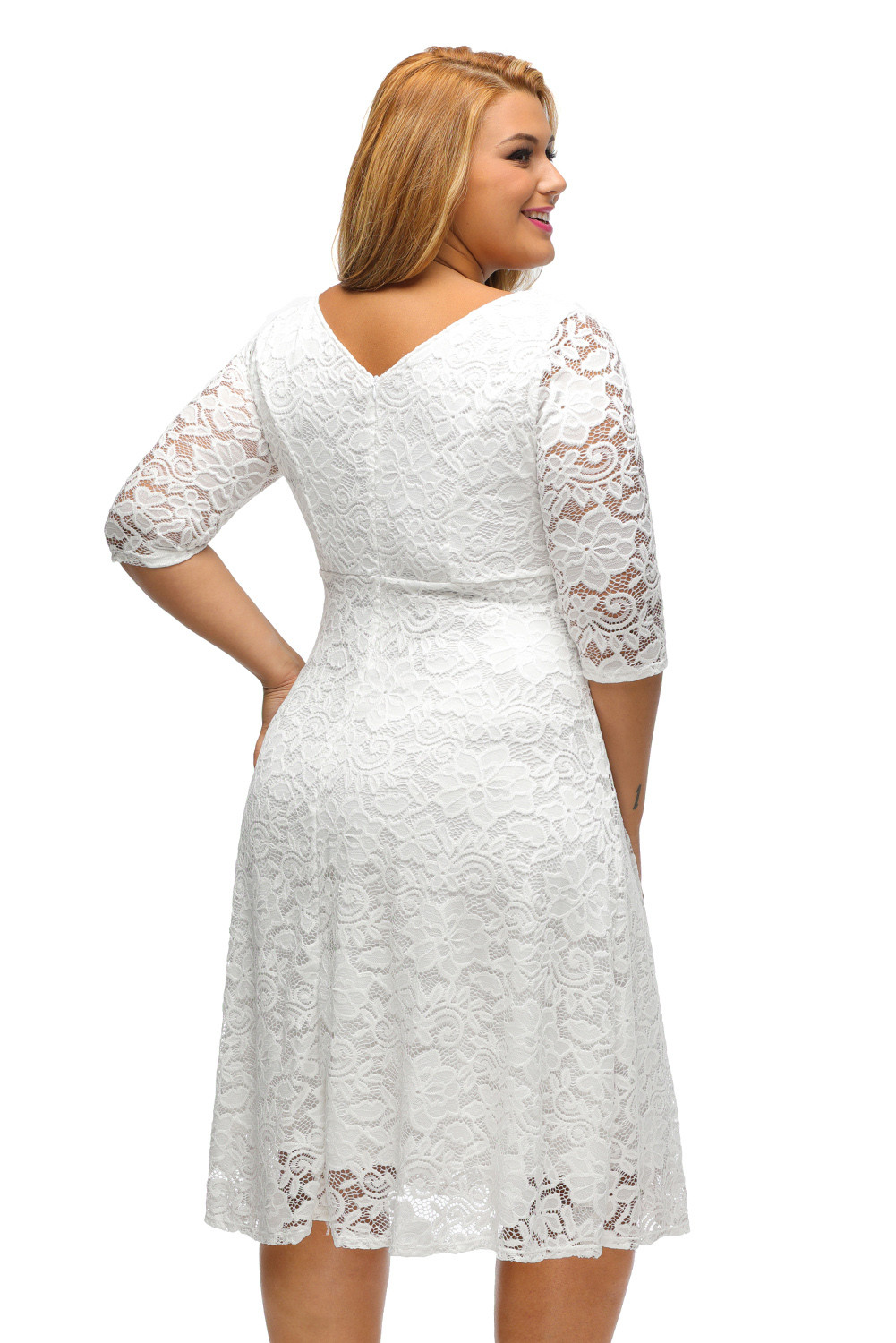 加大码白色圆领七分袖高腰蕾丝连衣裙 LC61395