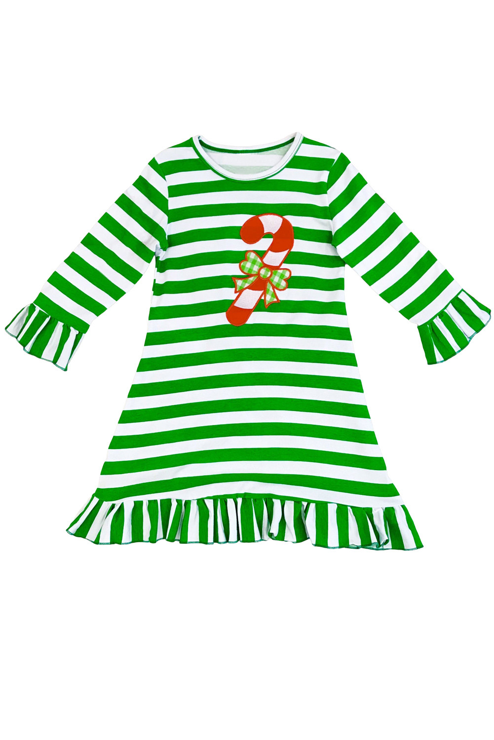 糖果手杖绿色条纹荷叶边圣诞女孩连衣裙 TZ72002