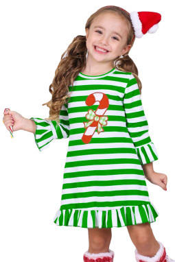 糖果手杖绿色条纹荷叶边圣诞女孩连衣裙