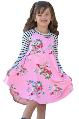 粉色花卉印花条纹袖女孩可爱短裙