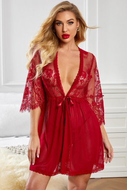 红色浪漫蕾丝拼接网纱情趣睡袍