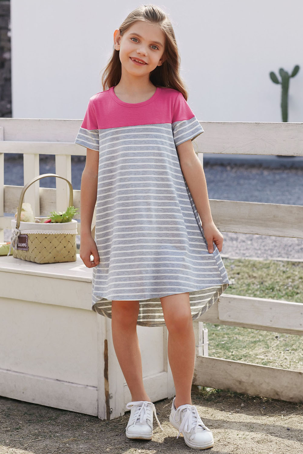 玫红拼色条纹圆领短袖舒适可爱小女孩连衣裙 TZ61105