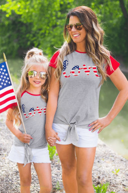 亲子装美国国旗元素字母成人女士撞色短袖圆领T恤