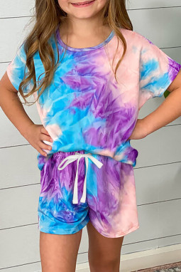 紫色可爱流行扎染T恤和抽绳短裤儿童小女孩休闲套装