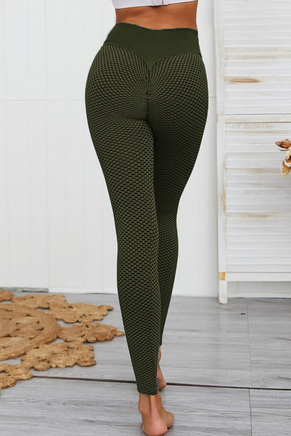 深绿色纹理高腰提臀瑜伽健身运动紧身裤 LC263637