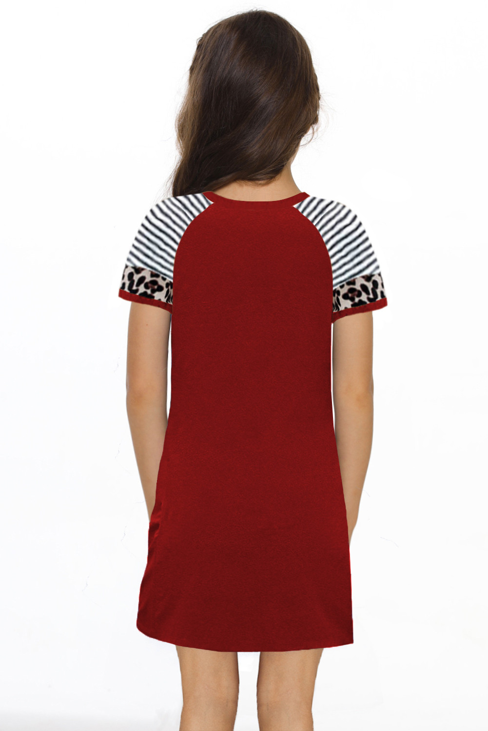 红色休闲时尚豹纹条纹短袖扭结可爱儿童连衣裙 TZ61235