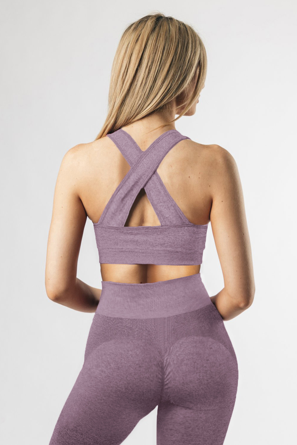 紫色舒适交叉后背胸衣高腰紧身裤瑜伽运动两件套 LC261431