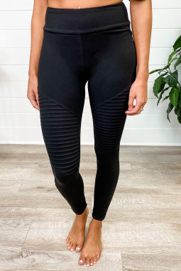 黑色舒适拼接纹理瑜伽运动紧身裤