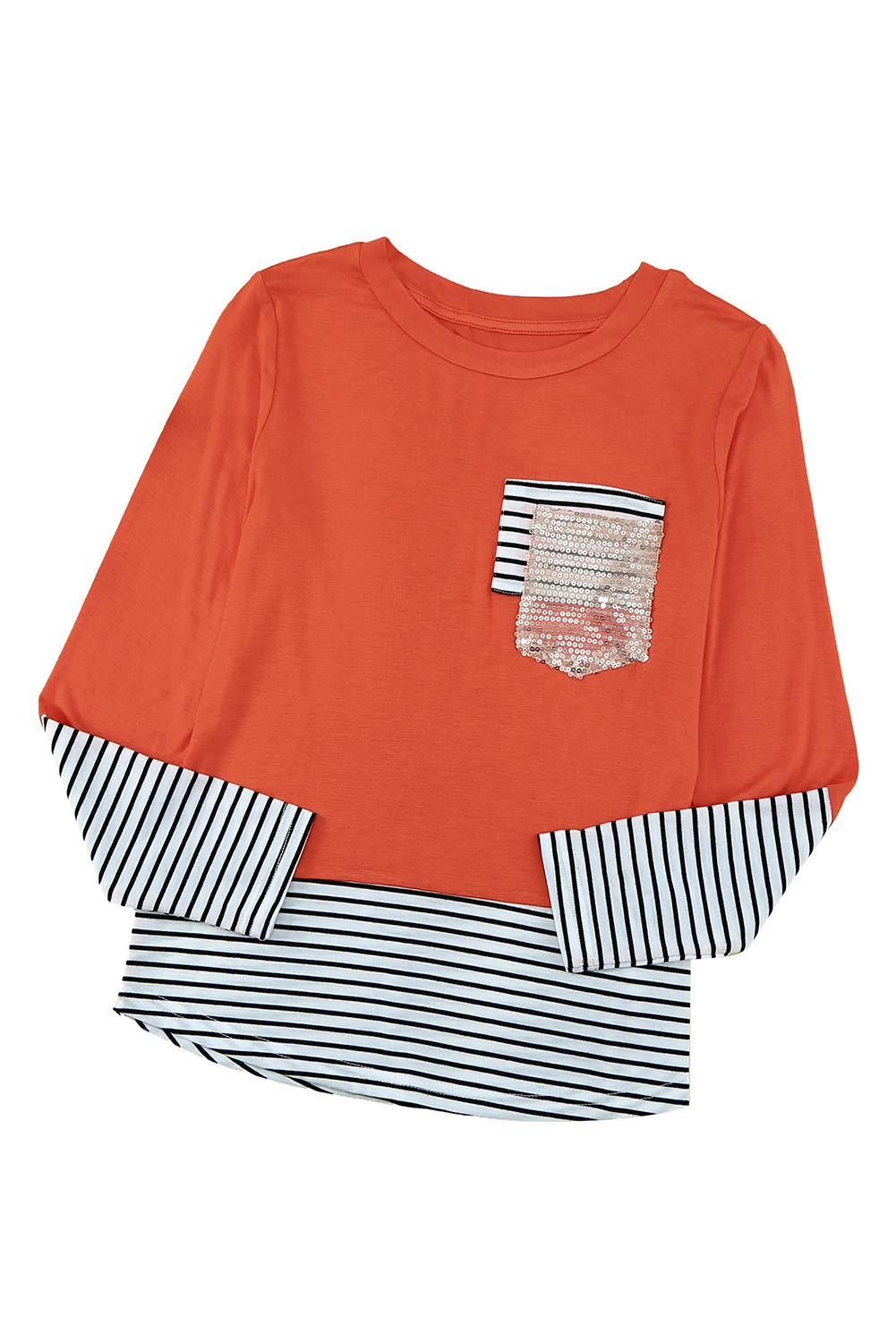 橘红色宽松条纹拼接亮片口袋休闲长袖女童上衣 TZ25430