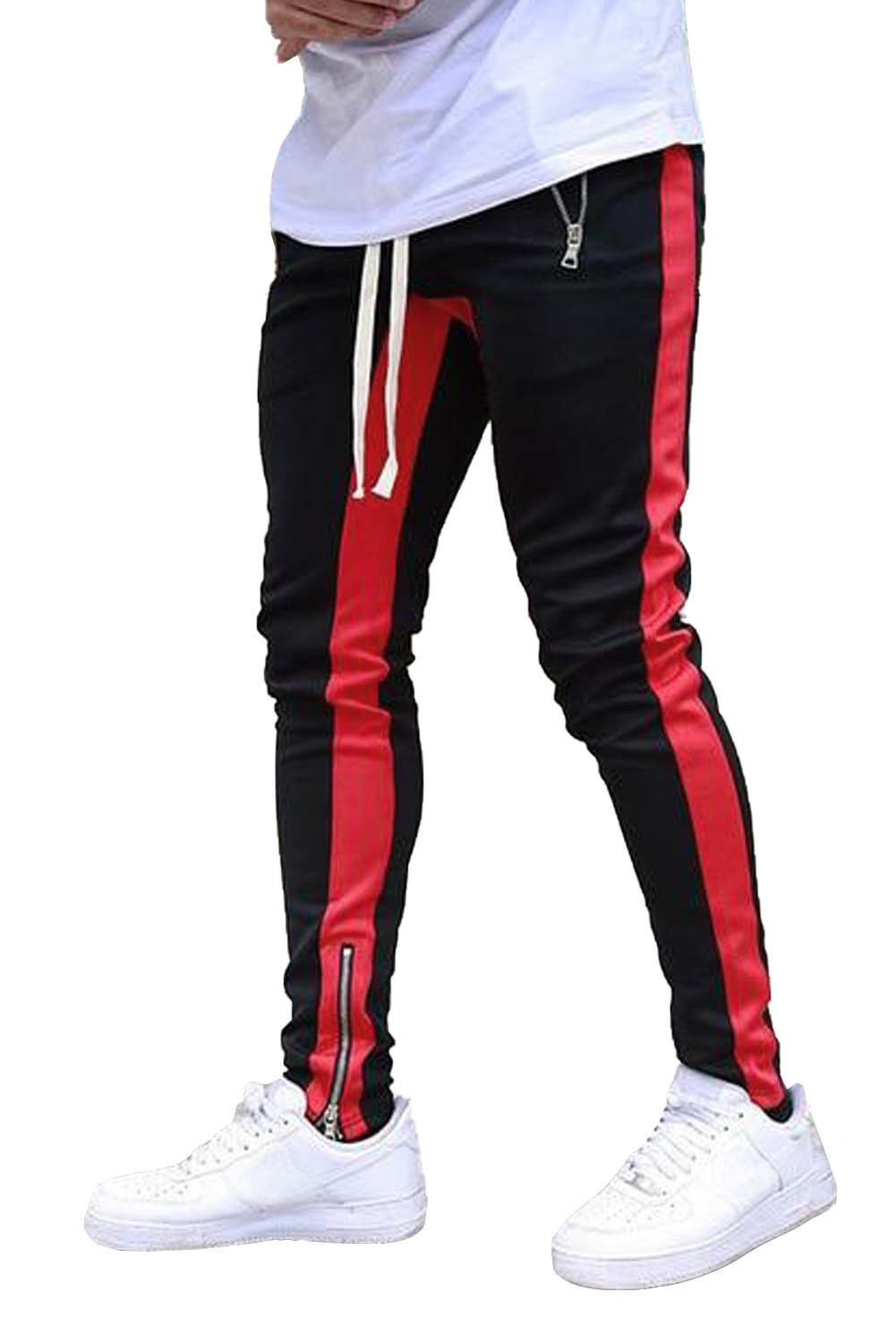 红色时尚撞色拼接拉链设计口袋男士运动卫裤 MC77055