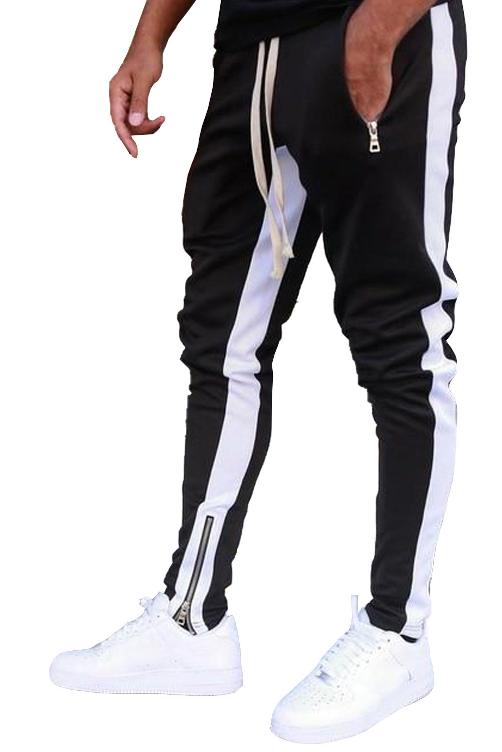 黑色时尚撞色拼接拉链设计口袋男士运动卫裤 MC77055