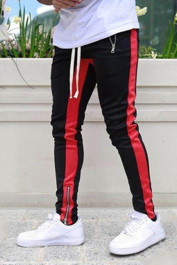 红色时尚撞色拼接拉链设计口袋男士运动卫裤