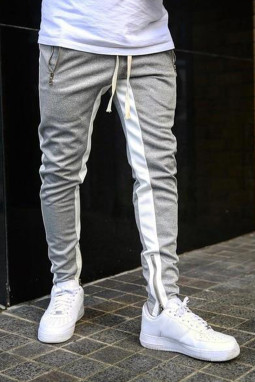 灰色时尚撞色拼接拉链设计口袋男士运动卫裤