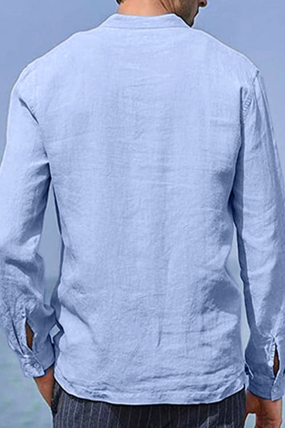 天蓝色半纽扣长袖男式休闲口袋套头衬衫 MC255134