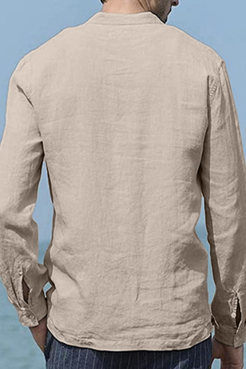 米色半纽扣长袖男式休闲口袋套头衬衫 MC255134