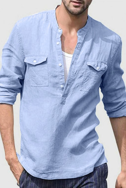 天蓝色半纽扣长袖男式休闲口袋套头衬衫